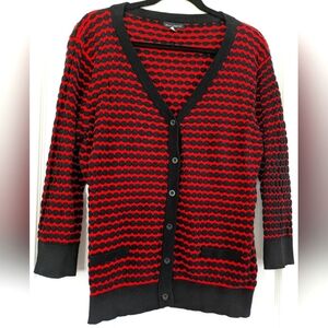 Willi Smith Womens XL Button Up‎ Cardigan Sweater Red Black Waffle Knit V Neck